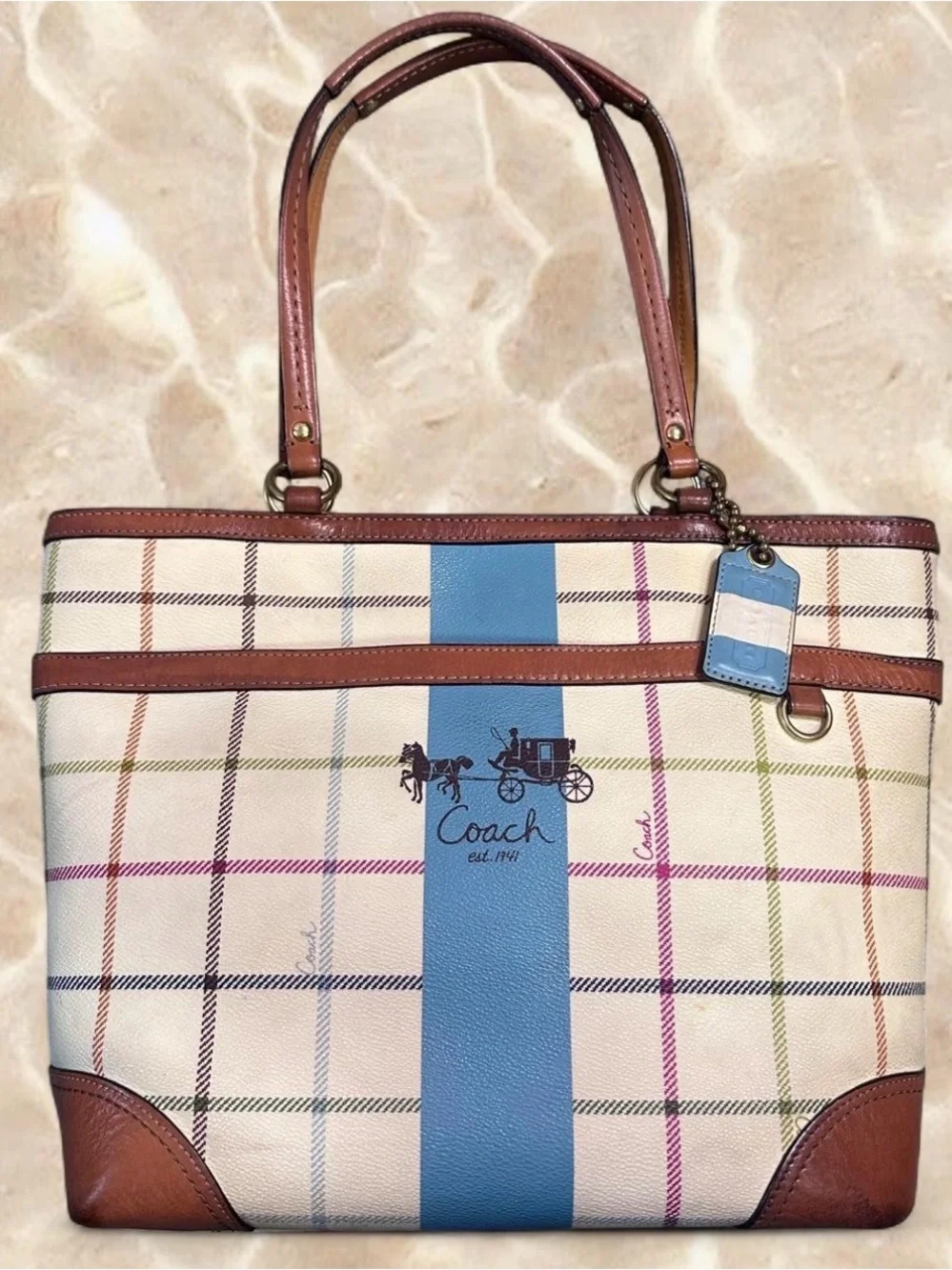 Y2K Coach Heritage Tattersall Cream Plaid Tote Blue Center Stripe Coach 12561